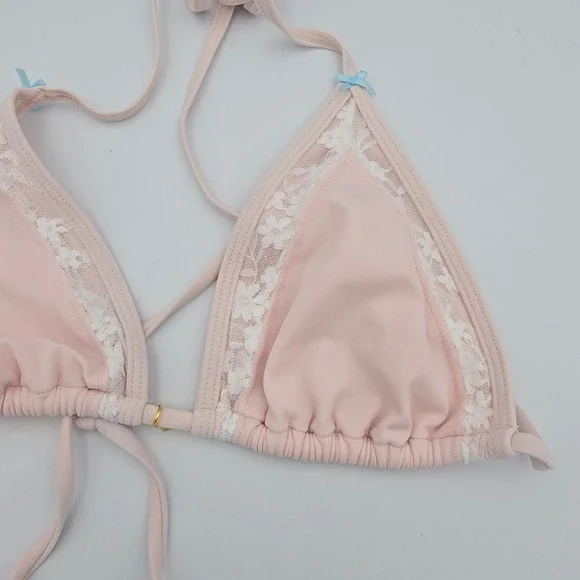 PacSun Swim Eco Pink Lace Trim Triangle Bikini Top Gold Envelope Charm Medium - Picture 2 of 6